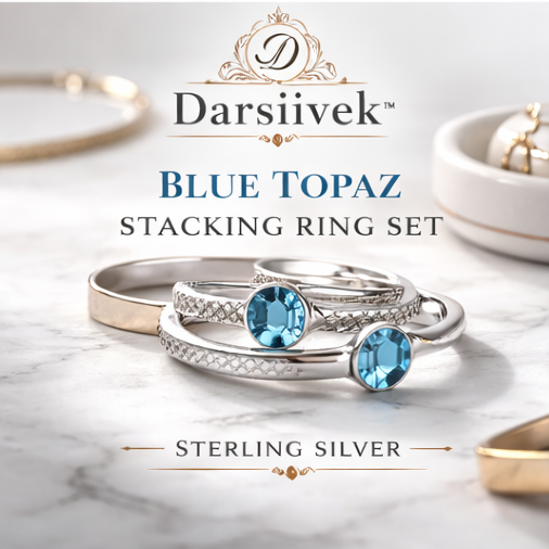 Darsiivek™ Blue Topaz & Silver Stacking Ring Set, Stacking Rings, Blue Topaz Jewelry, Silver Rings, Minimalist Jewelry, Luxury Ring Set
