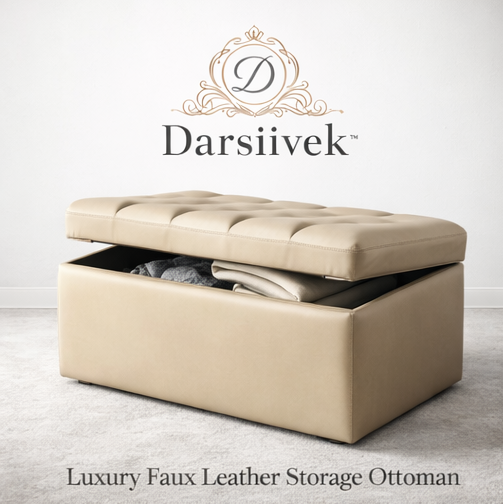 Darsiivek™ Luxury Faux Leather Storage Ottoman, Faux Leather Ottoman, Storage Ottoman, Luxury Home Furniture, Elegant Storage Solution, Stylish Footrest
